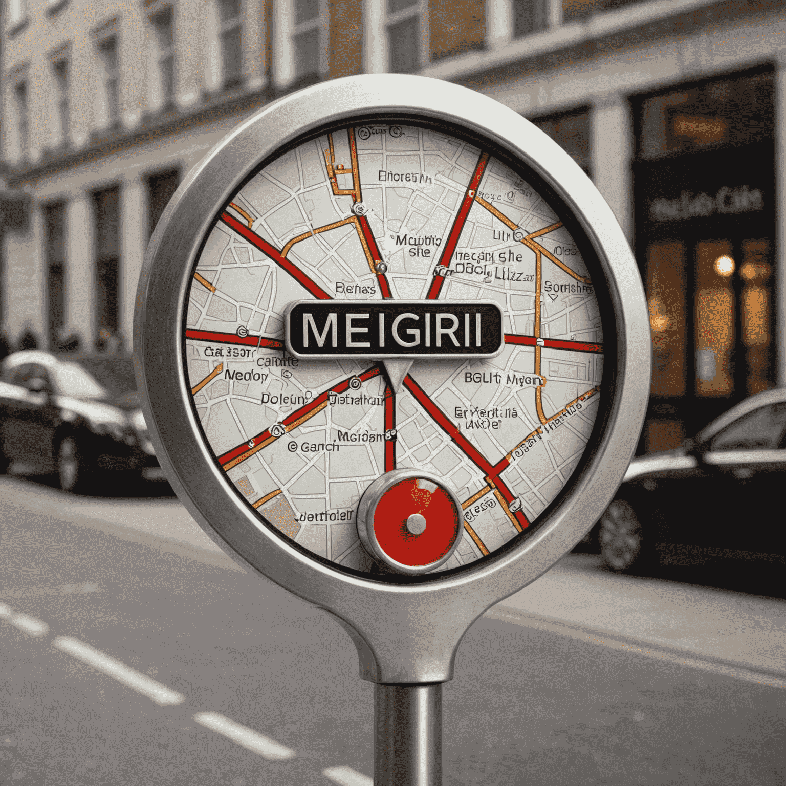 Silver map marker pinpointing the location of Megri Technologies Ltd. office in central London, United Kingdom