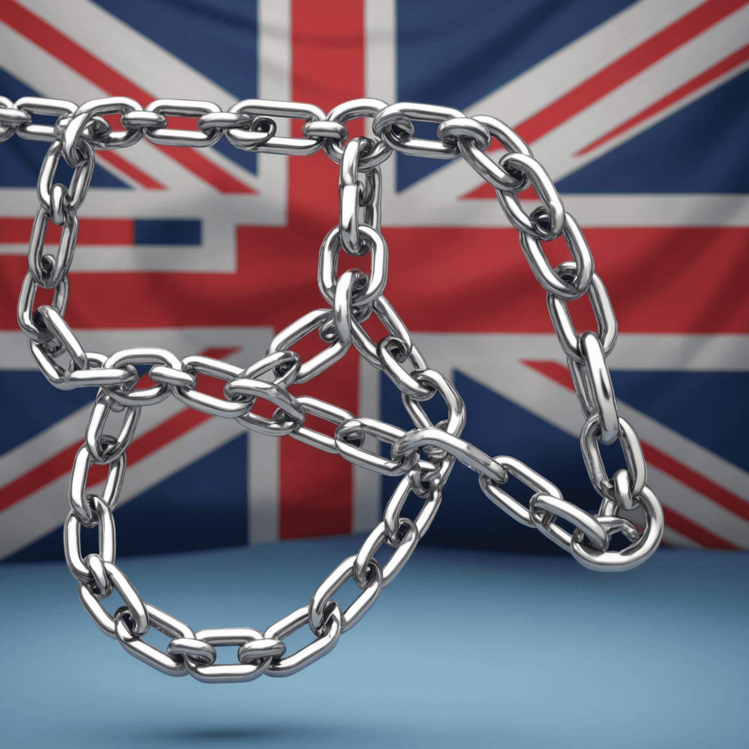 A silver chain representing blockchain technology, with the United Kingdom flag in the background