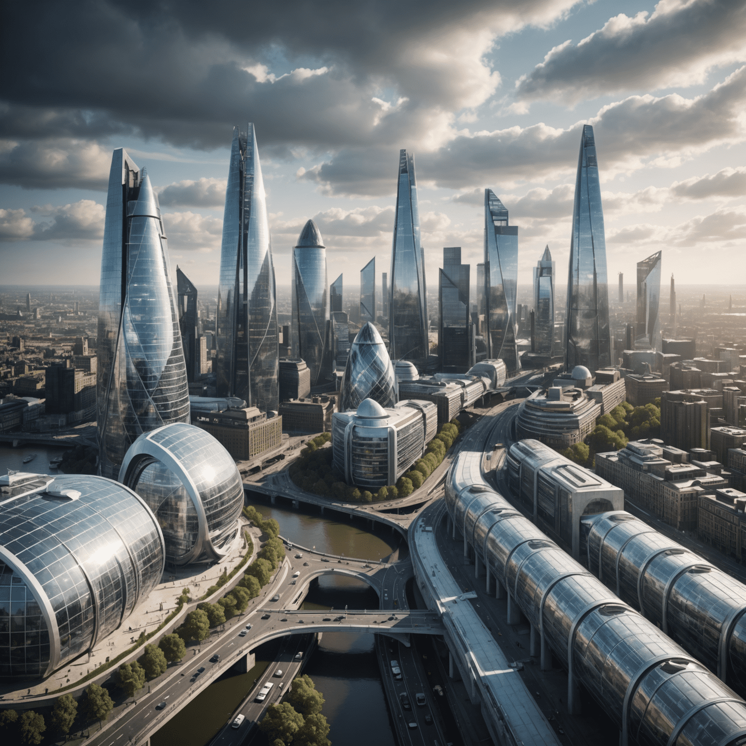 Futuristic digital cityscape of London with silver skyscrapers and advanced technology infrastructure